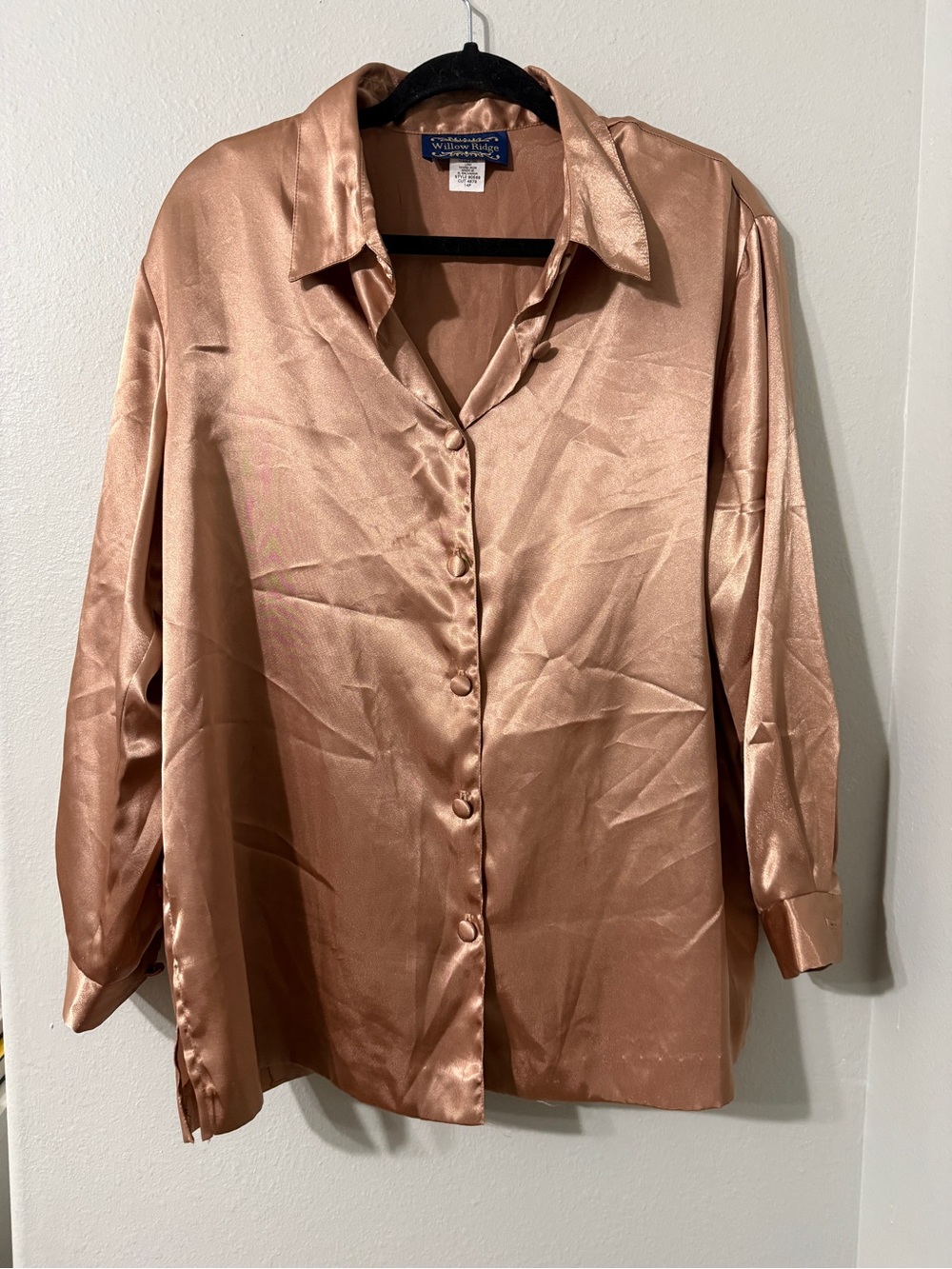 Vintage Willow Ridge Satin Silky Button-Up Blouse in Shiny Copper 14P